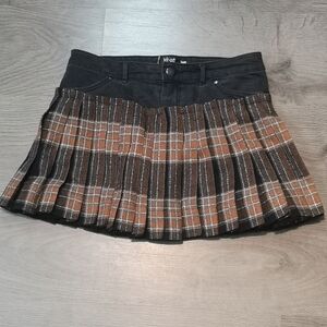 Neo-vintage Upcycled Orange Brown Wool Pleated Plaid Denim Hybrid Mini Skirt
